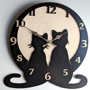 Cat Wall Clock LARGE 12-16 inch Non-ticking, Couple Cats, Mid Century Modern Atomic Cat