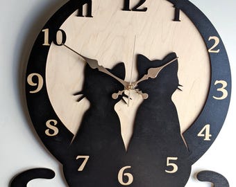 Cat Wall Clock LARGE 12-16 inch Non-ticking, Couple Cats, Mid Century Modern Atomic Cat