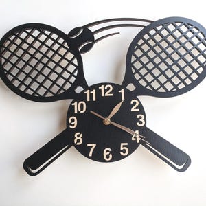 Tennis Rackets Wall Clock, Wood Non-ticking LARGE 12-18inch, Sport Wall Decor, Coach Gift image 1