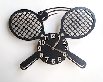 Tennis Rackets Wall Clock, Wood Non-ticking LARGE 12-18inch, Tennis Coach Gift