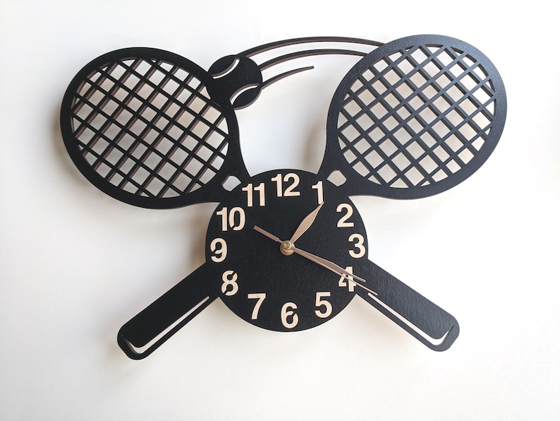 Tennis Rackets Wall Clock, Wood Non-ticking LARGE 12-18inch, Sport Wall Decor, Coach Gift image 1