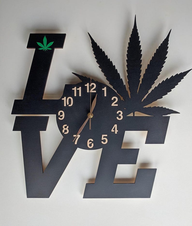 Orologio da parete in legno con motivo cannabis, senza ticchettio, GRANDE, 12-18 pollici, Marijuana, Foglia di Canapa, Regalo, Decorazione da parete immagine 3