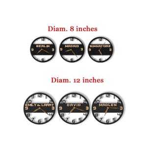Pu&ograve; includere: Sei orologi da parete in metallo nero. Tre orologi hanno un diametro di 20 cm e tre di 30 cm. Gli orologi mostrano l'ora e i nomi di citt&agrave; o persone. Le lancette sono dorate.