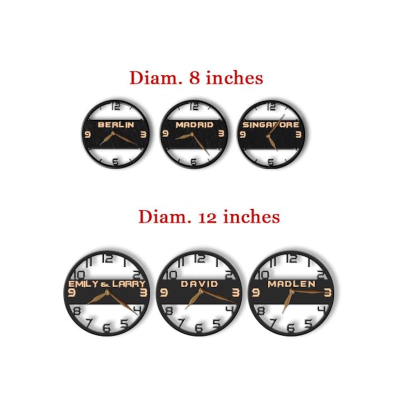 Pu&ograve; includere: Sei orologi da parete in metallo nero. Tre orologi hanno un diametro di 20 cm e tre di 30 cm. Gli orologi mostrano l'ora e i nomi di citt&agrave; o persone. Le lancette sono dorate.