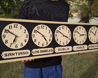 Orologio con cornice con più fusi orari mondiali, cartello con città/stato/paese, orologio da ufficio di grandi dimensioni, orologio da parete personalizzato con fuso orario per la famiglia