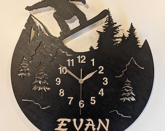 Wall Clock Snowboarding, Wooden Non-ticking 12 or 18 inches, Skiing Gifts