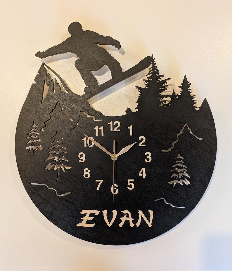Wall Clock Snowboarding, Winter Sport Freestyle, Wooden Non-ticking 12 or 18 inches, Snowboarder Gift image 1