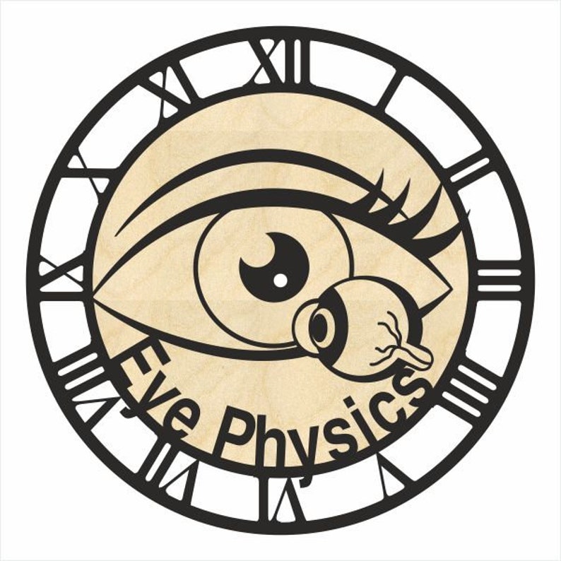 May include: Black and white clock face with Roman numerals. The clock face features a stylized eye with the text "Eye Physics" underneath.