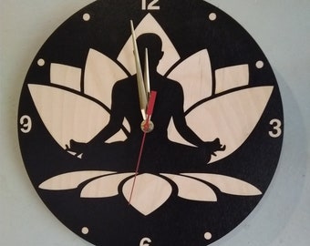 Yoga Studio, Meditation Room BIG Wall Clock Non-ticking, LARGE 12-17inch, Hatha Raja Asana Yoga Lotus Art Wood Decor Gift #185