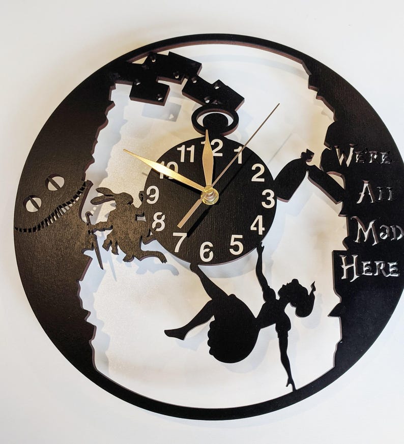 Wall Clock Alice in Wonderland, Wooden Non-ticking LARGE 12 or 18 inches, Rabbit Hole image 2