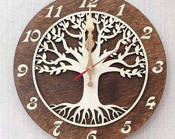 Reloj de pared con árbol genealógico, sin tictac, de madera, grande, de 11 a 16 pulgadas, decoración de pared de madera, regalo de boda, árbol de la vida