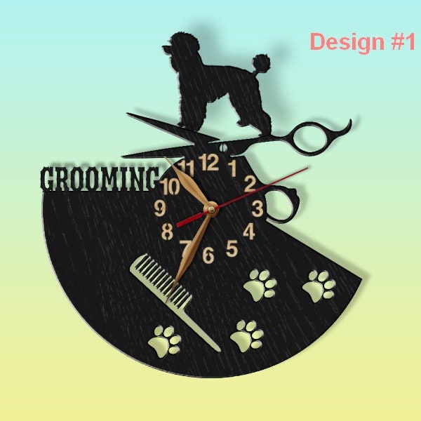 Horloge murale toilettage chien, toutes les races sur le dessus, cadeau toiletteur, salon canin, art déco en bois pour animaux de compagnie LARGE 12-18 pouces #103