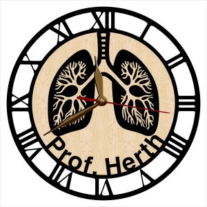 May include: A round wall clock with a light wood grain face featuring a black silhouette of human lungs and bronchial tubes. The clock has black Roman numerals, black hour and minute hands, a thin red second hand, and the text Prof. Herth.