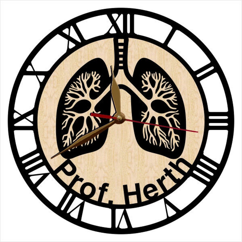 May include: A round wall clock with a light wood grain face featuring a black silhouette of human lungs and bronchial tubes. The clock has black Roman numerals, black hour and minute hands, a thin red second hand, and the text Prof. Herth.