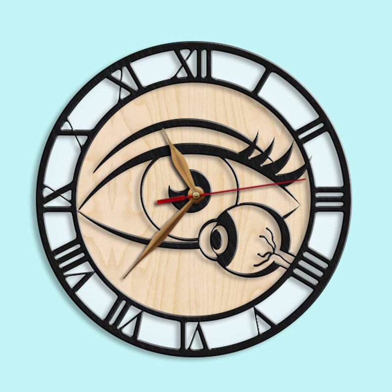 May include: A black and white clock with Roman numerals and an eye design. The clock hands are gold and red.