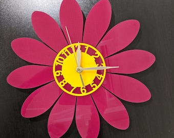 Crimson Daisy Wall Clock, Flower Gerbera Acrylic Mid Century Style Wall Art Decor, Chamomile