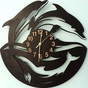 Dolphin Wall Clock 12-18 inches, Kids Room Decor, Scuba Diver Ocean Decor, Wooden Marine Life Clock, Underwater Themed Gift, Non-ticking image 2