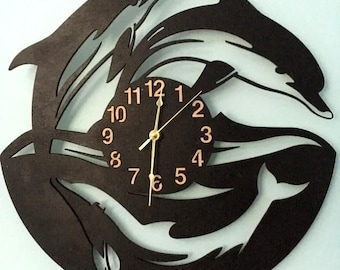 Dolphin Wooden Wall Clock 12-18 inches, Kids Room, Marine Life, Scuba Diver Ocean Decor