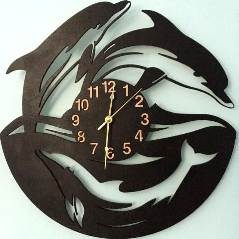 Dolphin Wall Clock 12-18 inches, Kids Room Decor, Scuba Diver Ocean Decor, Wooden Marine Life Clock, Underwater Themed Gift, Non-ticking image 2