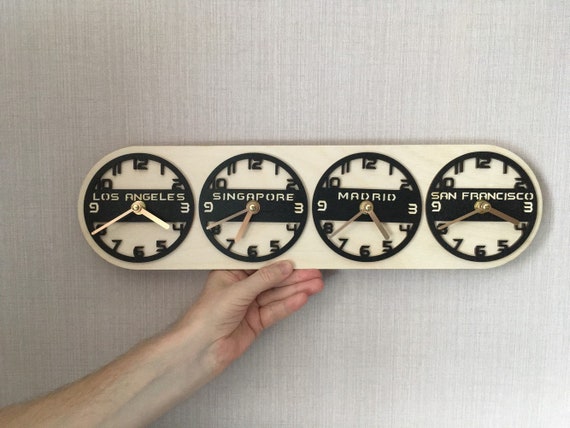 Time zone clocks. Modern wall round clock face, time zones day and