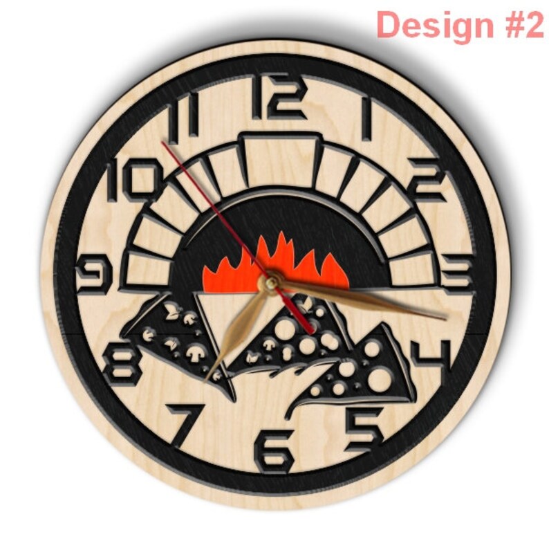 May include: A wooden clock with a black and white design of a pizza in a wood-fired oven. The clock face has black numbers and hands. The pizza is in the shape of a slice and has red and white pepperoni, cheese, and mushrooms.
