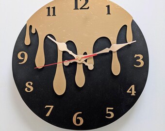 Melting Black and Gold Wooden Wall Clock LARGE 11-16inch, Dripping Wall Decor for Modern Interior
