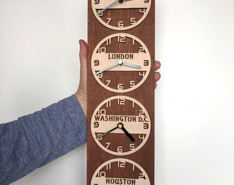 Vertical Time Zone Wall Clock, 2-5 Dials, Multiple World Clock, Office, Family Timezone Personalozed City-State-Country Sign