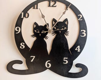 Black Pair Cat, LARGE Wall Clock, Couple Cats, Mid Century Modern Atomic Cat