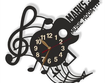 Wall Clock Guitar 18-12 inch PERSONALIZED, LARGE Musician Wall Art Decor, Music teacher gift