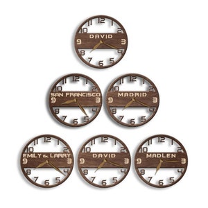 Pu&ograve; includere: Una collezione di orologi in legno dal design circolare. Ogni orologio presenta un nome o una localit&agrave; diversa, tra cui "DAVID", "SAN FRANCISCO" e "MADRID". Gli orologi hanno lancette color oro e una finitura marrone scuro.