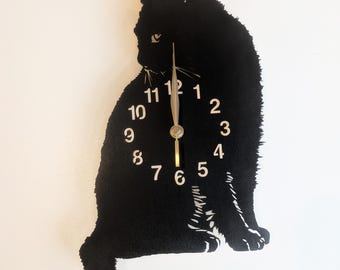 Wall Clock Black Cat, LARGE 12-18 inch height, Non-ticking, Cat Mom, Animal, Cat Lover