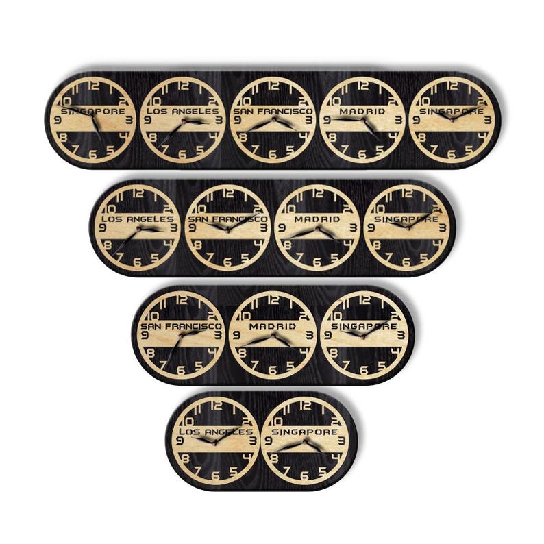 May include: A multi-time zone wall clock with a black wooden base and multiple circular clock faces. Each clock face displays the time for different cities: Singapore, Los Angeles, San Francisco, and Madrid. The clocks are arranged in a tiered design.