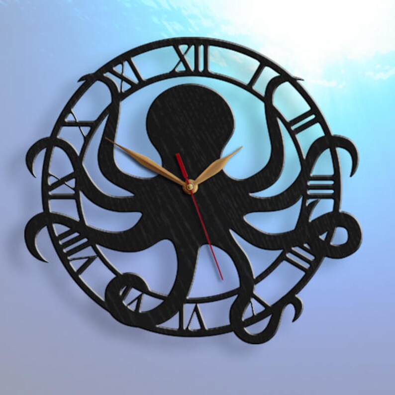 May include: Black octopus-shaped wall clock with Roman numerals. The clock has a detailed cut-out design of an octopus within a circular frame. The clock hands are gold with a red second hand. The clock is mounted on a light blue background.