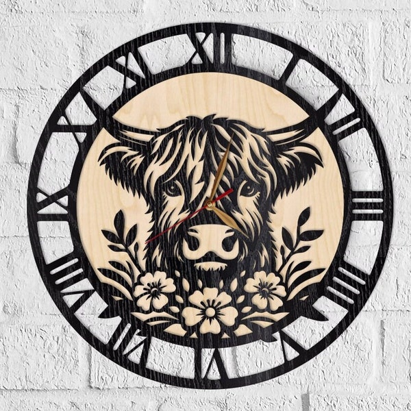 Horloge murale Highland Сow anti-clique, 12 ou 18 pouces, décoration d'art murale vache et fleur, animaux, bétail, idée cadeau parfaite pour une occasion spéciale