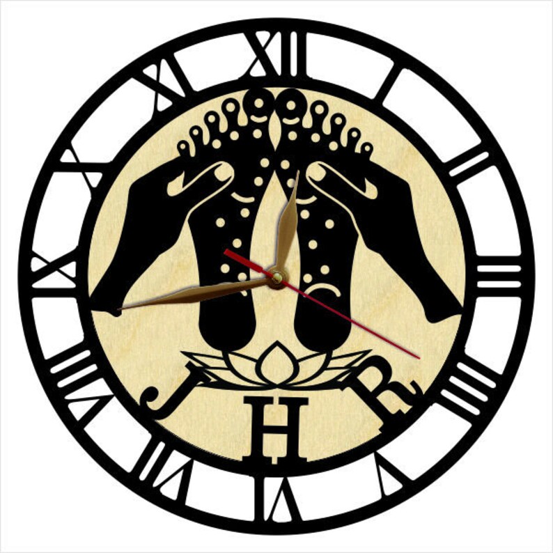 May include: Black and white clock with a wooden face featuring a stylized image of two feet receiving a foot massage. The clock face has Roman numerals and a black clock hand.