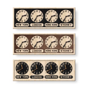 May include: Three rectangular world time zone clocks. Each clock displays four clock faces with the time for New York, London, Hong Kong, and Sydney. The clocks have different background colors: black, brown, and light wood.