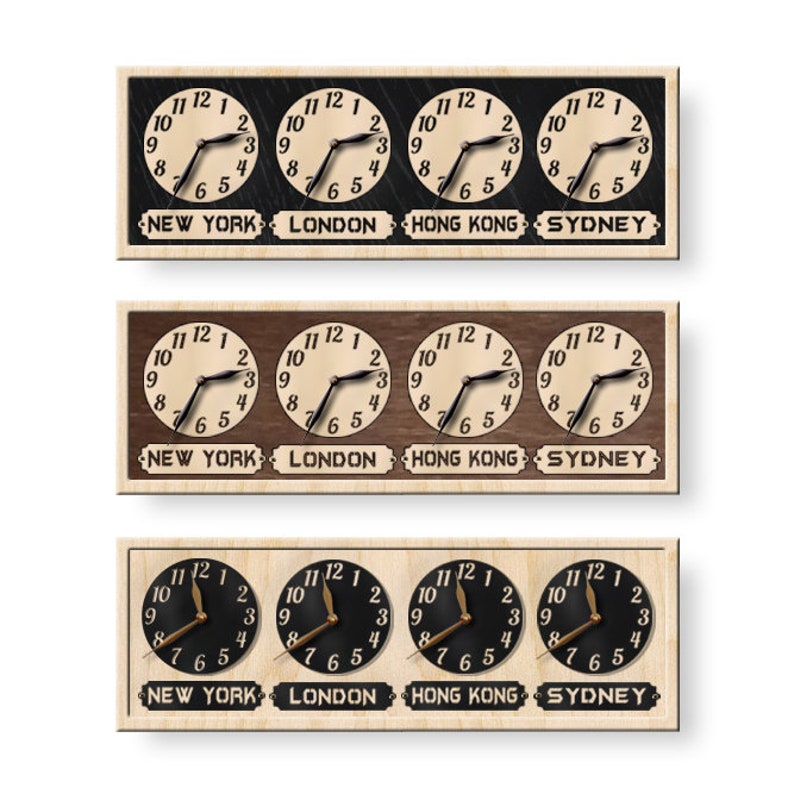 May include: Three rectangular world time zone clocks. Each clock displays four clock faces with the time for New York, London, Hong Kong, and Sydney. The clocks have different background colors: black, brown, and light wood.