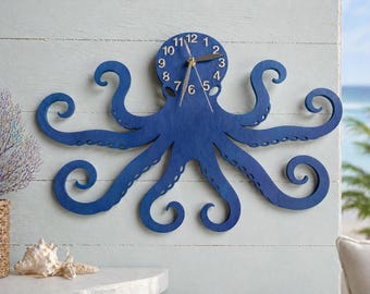 Octopus Wall Clock 12-18-24inch, Hand-Painted Wall Clock in Black or Blue color, Gift for Ocean Lovers