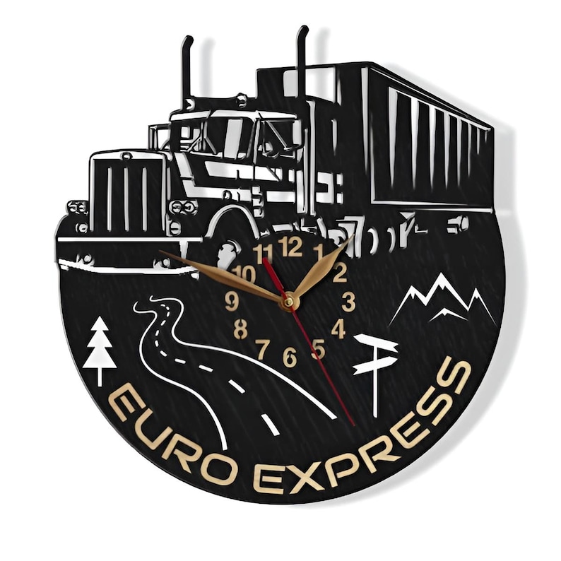 May include: Black wooden clock featuring a white silhouette of a semi-truck and trailer. The clock face has gold numbers and hands. The clock is surrounded by a black and white road, a pine tree, and mountains. The words "EURO EXPRESS" are written in gold around the bottom of the clock.