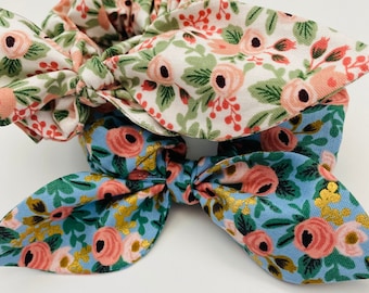 Rifle Paper co. fabric scrunchies | scrunchies with knotted bow | Pink floral scrunchie | Blue floral scrunchie | Elegant hair tie