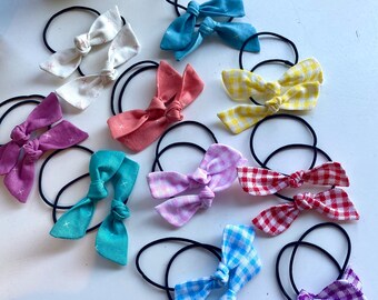 Pigtail bows in sets of 2 on elastics | Gingham print hand knotted bows | Solid fabric hand knotted bows |