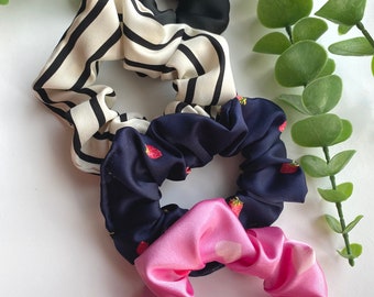 Silky satin scrunchies | Sleep scrunchies | Hearts, Pin stripes, Strawberries, Solid black | 4 options available