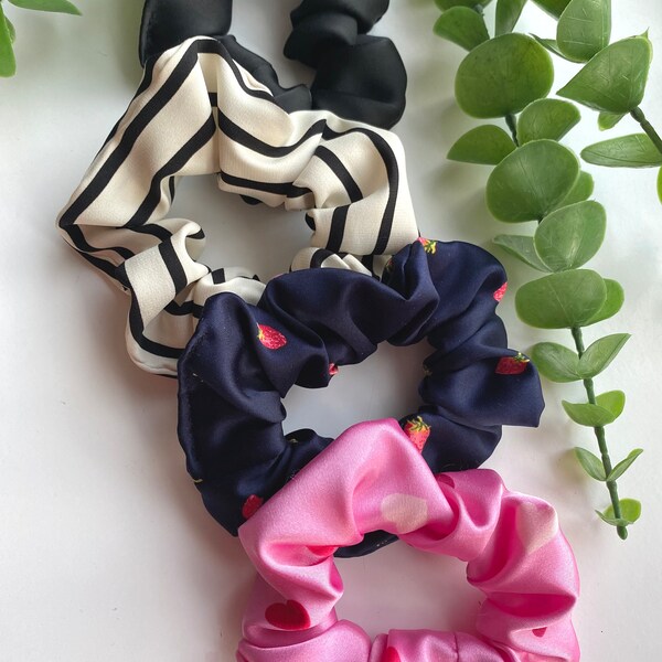 Silky satin scrunchies | Sleep scrunchies | Hearts, Pin stripes, Strawberries, Solid black | 4 options available