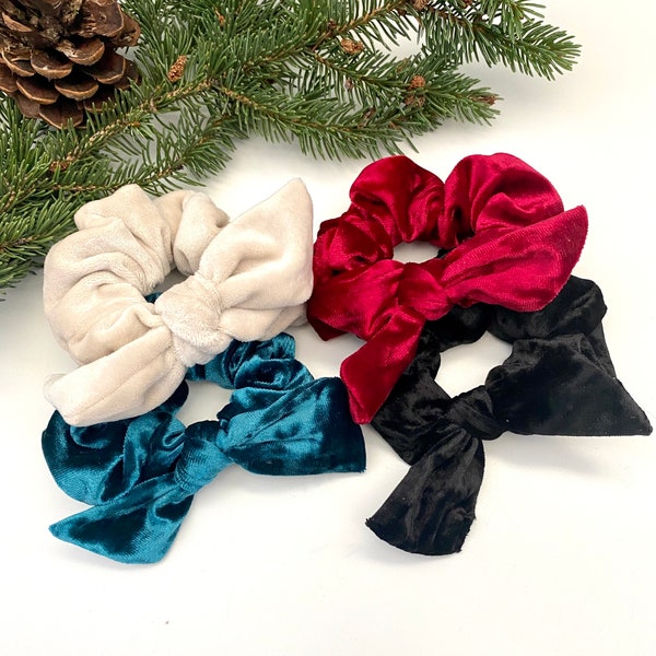 Festive soft velvety scrunchies | Red, Black, Ocean Blue & Soft Beige velvet scrunchies | winter scrunchies with bows | Christmas scrunchies