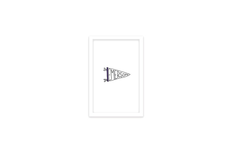 May include: A white framed print with a black and white illustration of a pennant with the word "EMERSON" written on it.
