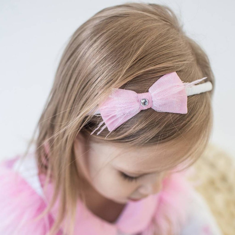 Pink Tulle Feather Crystal Bow Girl Headband Hair accessories Birthday Princess headband Unique head piece Bow hair piece Girl gift