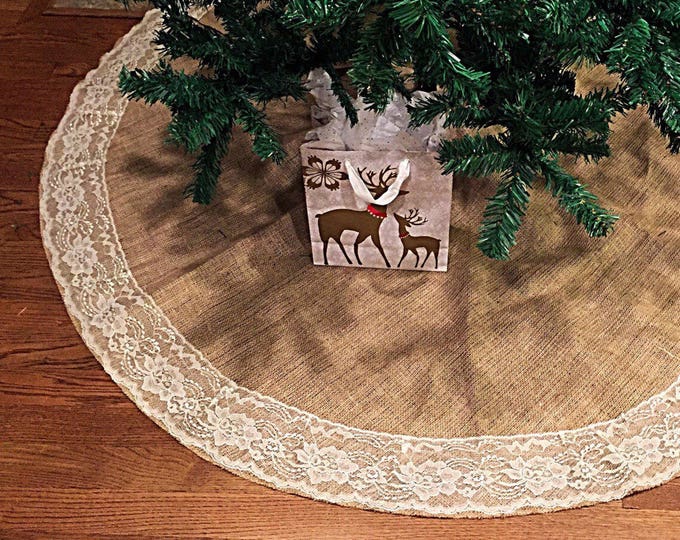 Christmas Tree Skirt, Burlap and Lace Christmas Tree Skirt, christmas decor, tree skirt, lace, 60 inches diameter, christmas