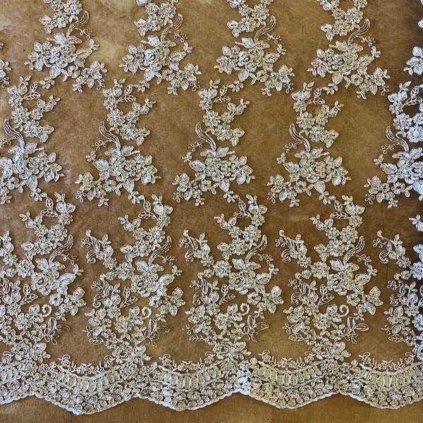 Lace by the Yard, Fabric by the Yard, Embroidered Lace, Embroidery, Gold, Floral, Vintage, Gown, Wedding, Bride, Polyester, Scalloped Edge