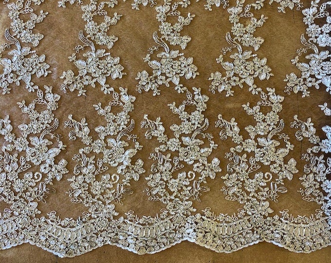 Lace by the Yard, Fabric by the Yard, Embroidered Lace, Embroidery, Gold, Floral, Vintage, Gown, Wedding, Bride, Polyester, Scalloped Edge