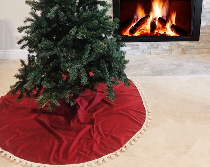 Pom Pom Velvet Tree skirt, Christmas tree skirt, tree skirt, burlap Christmas tree skirt, burlap tree skirt, Christmas decor, tree skirt